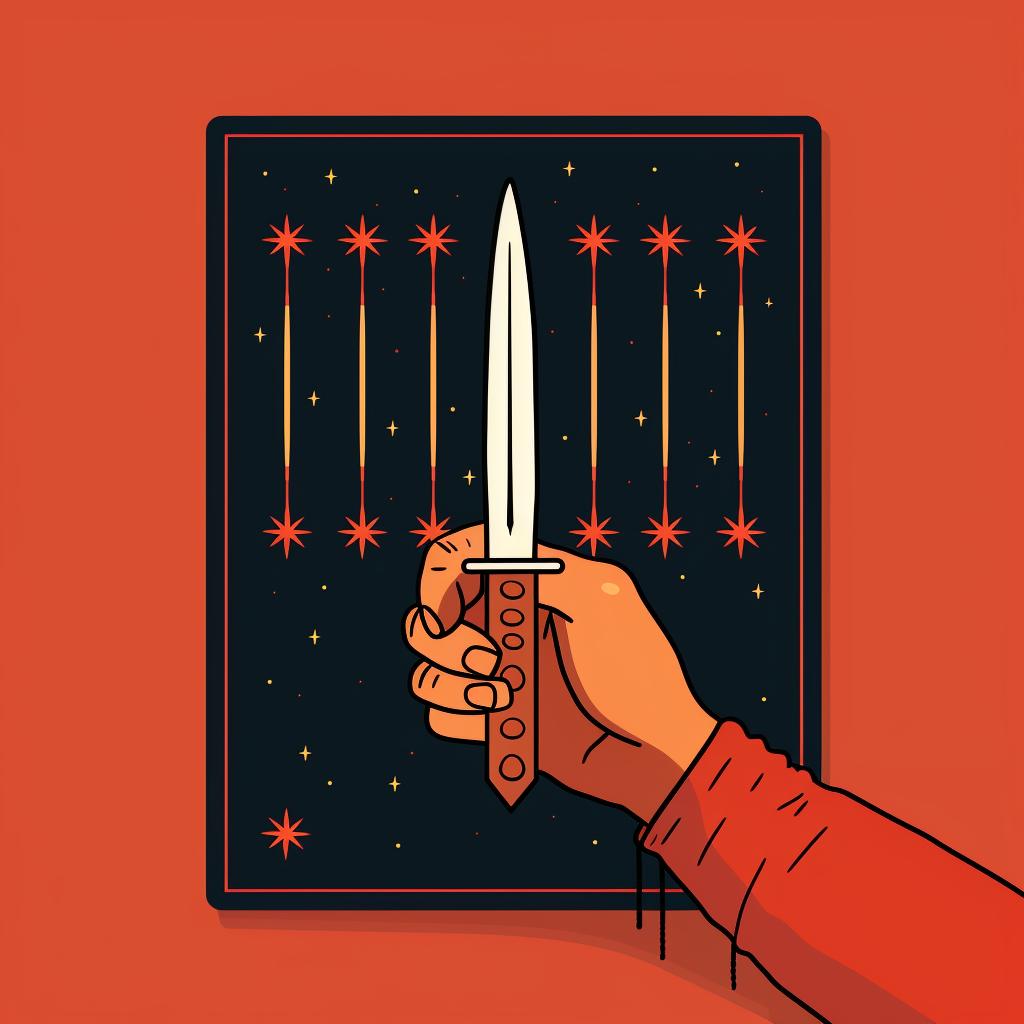 Hand drawing the Six of Swords from a Tarot deck