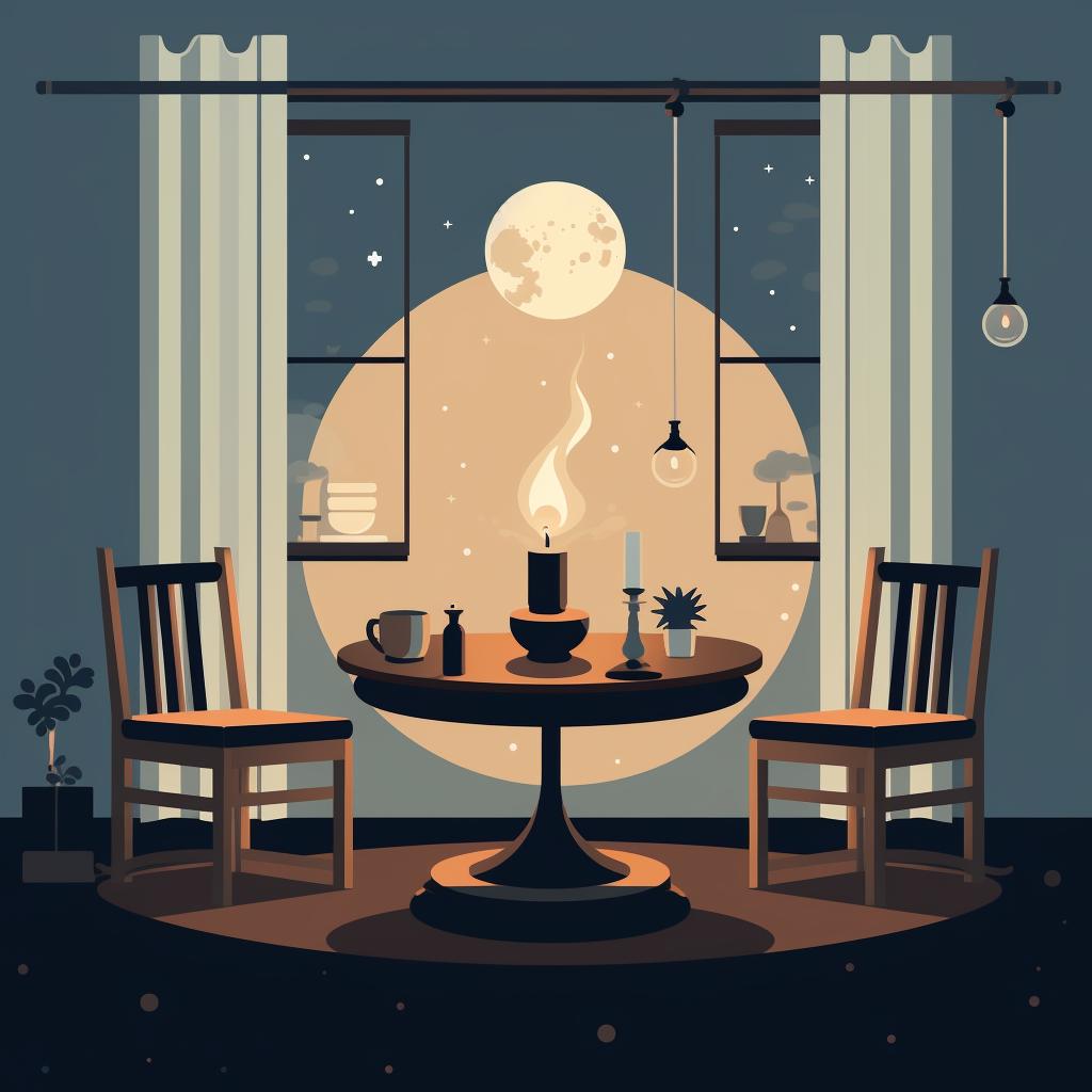 A serene room with a table set for a Tarot reading, incense smoke wafting in the air