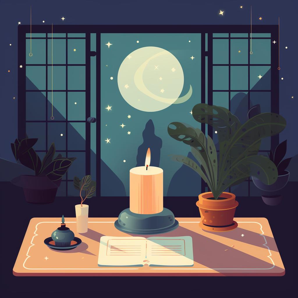A serene setting with a lit candle, incense, and a tarot deck on a table.