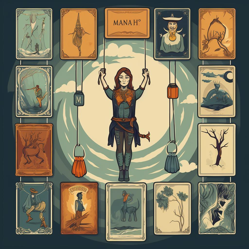 The Hanged Man card surrounded by various other tarot cards