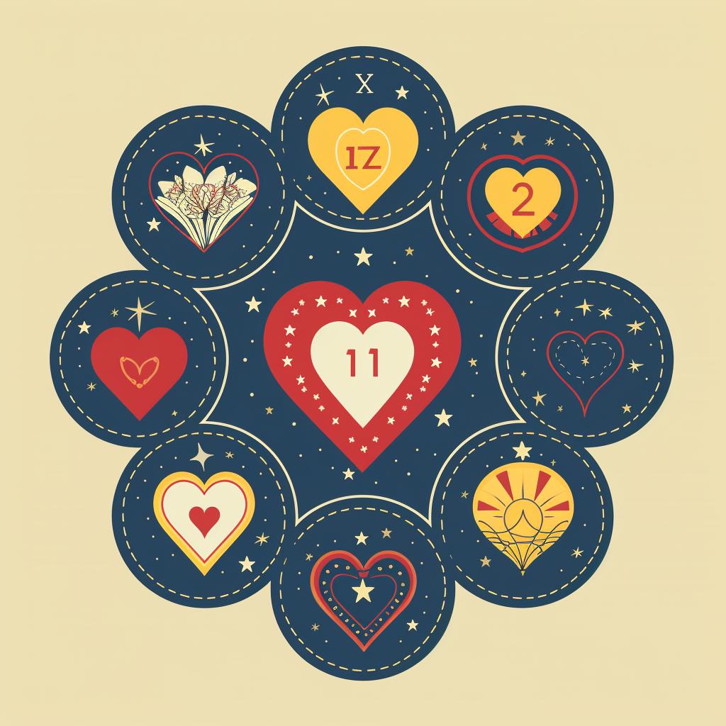 Seven tarot cards laid out in a heart shape.