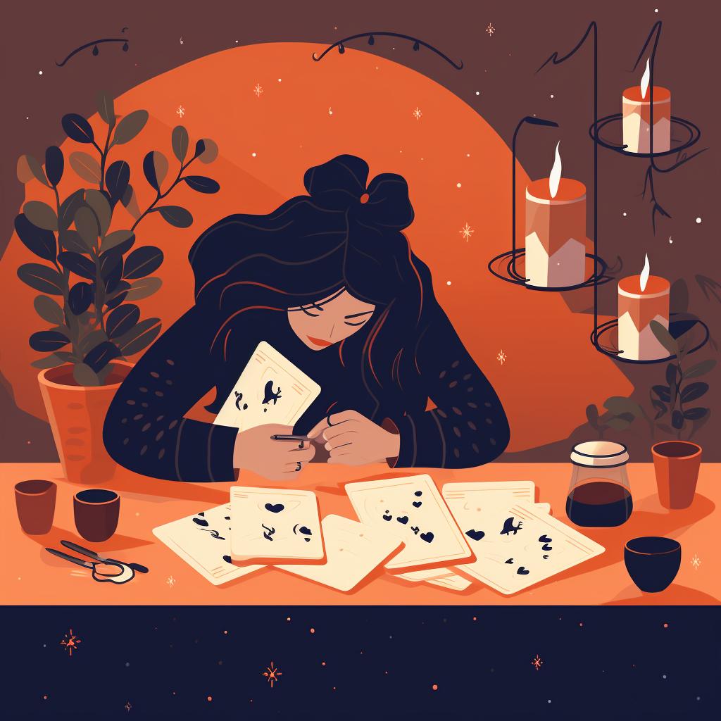 A person writing a plan in a journal, with the Ten of Cups Reversed card on the table.
