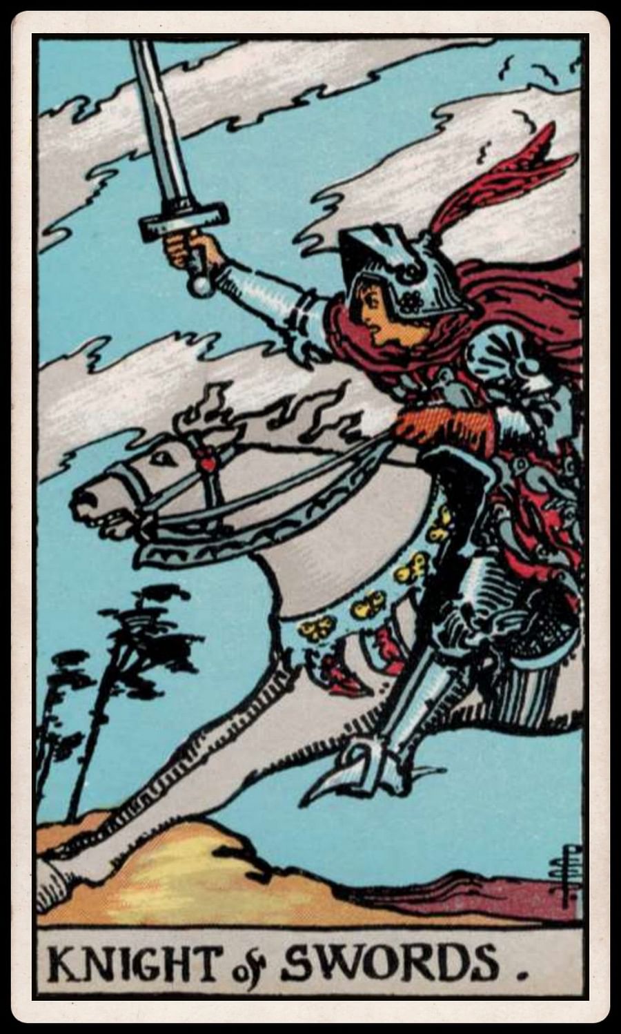 Knight of Swords tarot card depicting a knight riding fiercely with a sword held high