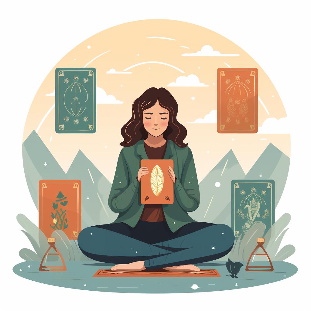 A person meditating with tarot cards in front of them