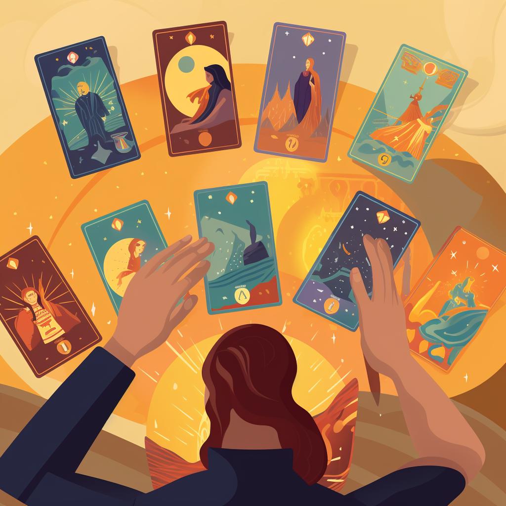 Close up of tarot cards with person interpreting them