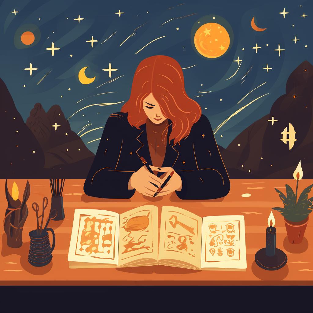 Person writing in a journal with tarot cards nearby