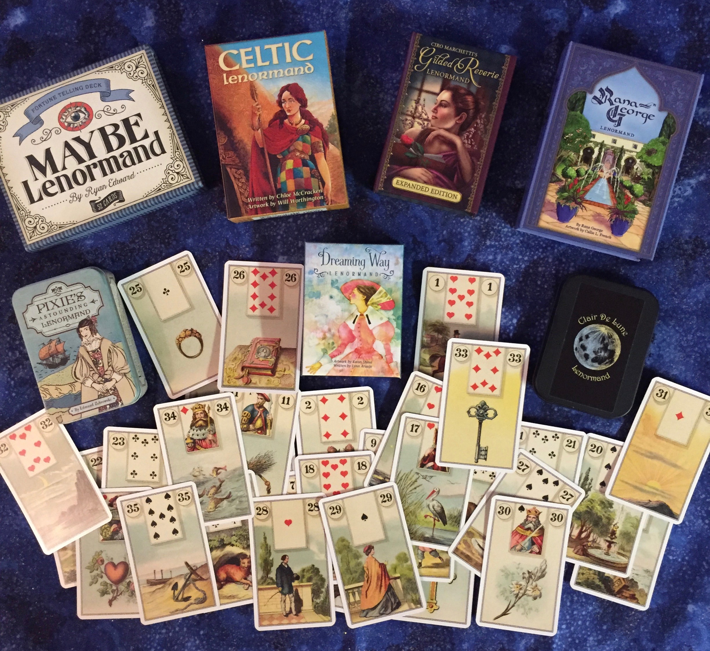 A spread of Lenormand divination cards